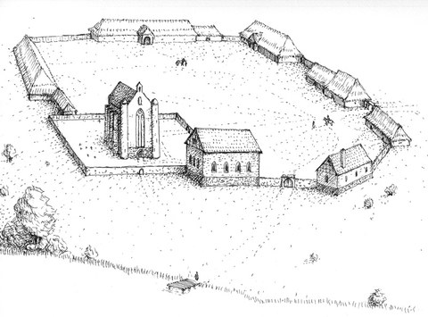 Rekonstruktion der Komturei Quartschen aufgrund der archäologischen Forschungen unter Leitung von Prof. Kolosowski (Torun).  Zeichnung: M. Salanski.