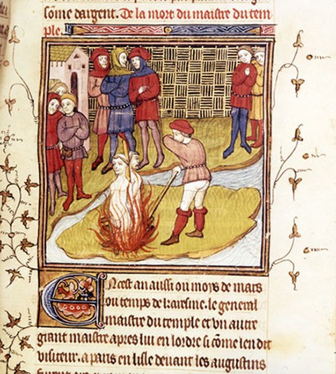 Hinrichtung Jacques de Molays und Godefroi de Charnys, Miniatur, 14. Jh. aus der französischen Chronique de Saint Denis, London, British Library MS Royal 20 C. VII, fol. 44v.
