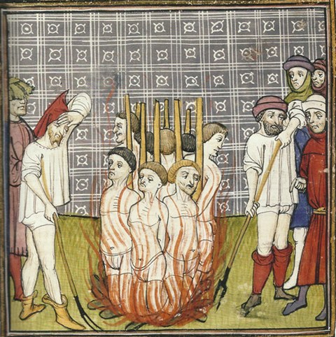 Hinrichtung von Templern. Miniatur, 14. Jh. aus der französischen Chronique de Saint Denis, London, British Library MS Royal 20 C. VII, fol. 44v.