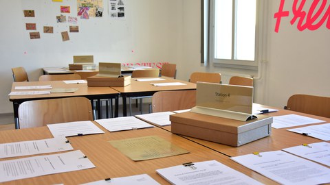 Das Foto zeigt den Stationsaufbau für den Projekttag in der Gedenkstätte Bautzner Straße