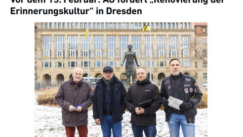 Das Foto zeigt  die AG Altmarkt vor. Die Gruppe besteht aus Justus Ulbricht (71, v.l.), Holger Hase (49, FDP), Mathias Herrmann (38) und Viktor Vincze (48). Es fehlen Susanne Dagen (54, Freie Wähler) und Mario Schmidt (49, CDU). 