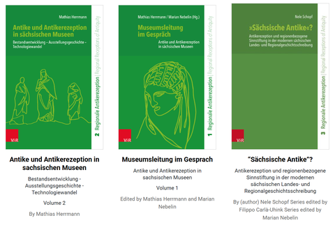 Das Bild zeigt die 3 Cover der bisher erschienenden Bände aus der Reihe "Regionale Antikerezeption / Regional Receptions of Antiquity"