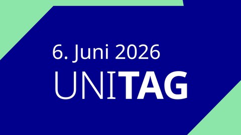 Das Foto zeigt das Logo des Uni-Tags am 6. Juni im TU Dresden Corporate Design Blau/Mint.