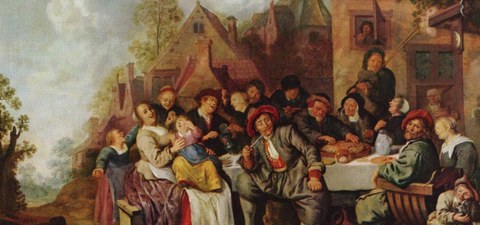 Dargestellt ist eine fröhliche Gesellschaft, die um einen Tisch herum vor einem Wirtshaus sitzt.