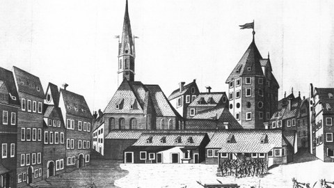 Die wohl bekannteste und mehrfach gedruckte Abbildung des alten Pulverturms; Kupferstich von Georg Jakob Schneider anlässlich der „Durchlauchtigsten Zusammenkunft“ 1678