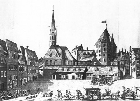 Die wohl bekannteste und mehrfach gedruckte Abbildung des alten Pulverturms; Kupferstich von Georg Jakob Schneider anlässlich der „Durchlauchtigsten Zusammenkunft“ 1678