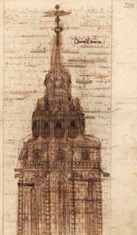 Zu sehen ist eine Zeichnung des Turms des Doms aus dem Stadtarchiv Bautzen.