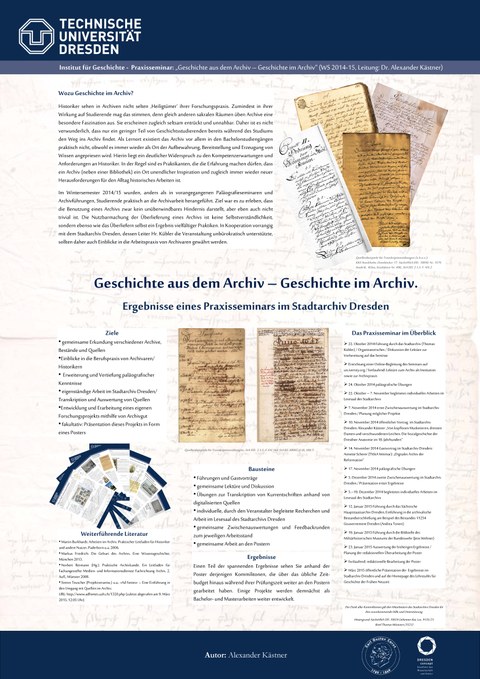 Dargestellt ist das Plakat mit dem Titel: Geschichte aus dem Archiv – Geschichte im Archiv. Es stellt die Ergebnisse eines Praxisseminars im Stadtarchiv Dresden vor.