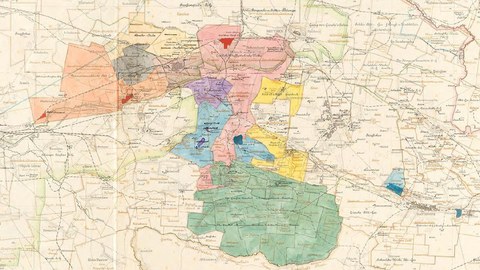 Kartenausschnitt mit Kennzeichnung von Grubenfeldern und Werksanlagen des Ballestrem-Konzerns in Schlesien 