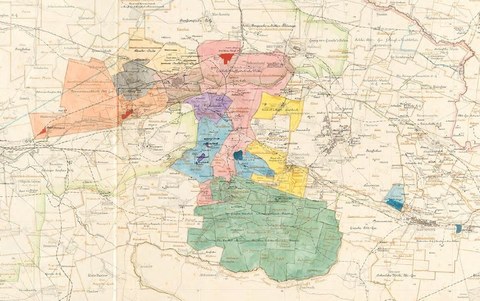 Kartenausschnitt mit Kennzeichnung von Grubenfeldern und Werksanlagen des Ballestrem-Konzerns in Schlesien 