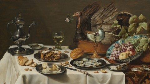 Stillleben von Pieter Claesz mit verschiedenen Lebensmittel auf einem Tisch