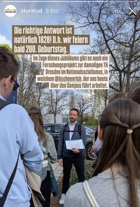 Instagram-Story zur Campusführung des Studentenrats der TU Dresden, im Bild Hagen Schönrich beim Vortrag