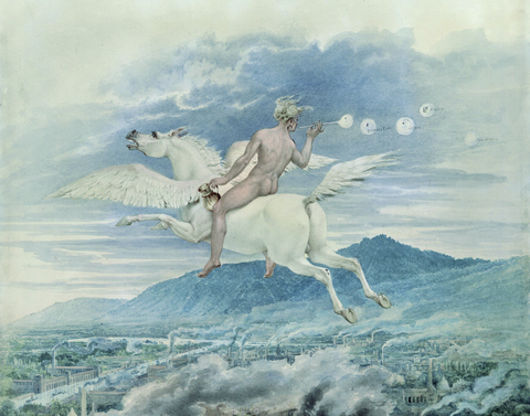 Friedrich Schinkel: Allegorie auf Beuth, den Pegasus reitend, 1837 (Ausschnitt, via Wikimedia Commons)