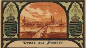 Historische Postkarte von Dresden mit sächsischem Wappen