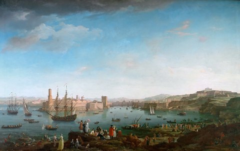 Historische Ansicht von Hafen und Stadt Marseille Mitte des 18. Jahrhunderts