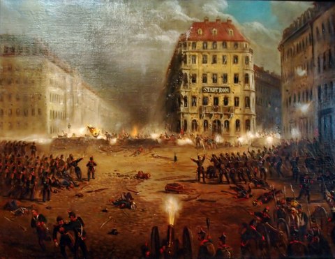 Der Neumarkt in Dresden mit Kämpfen während des Maiaufstands 1849