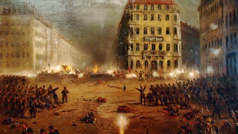 Der Neumarkt in Dresden mit Kämpfen während des Maiaufstands 1849