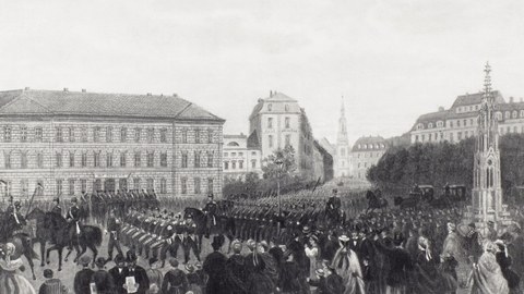 Einmarsch der preußischen Truppen in Dresden am Postplatz