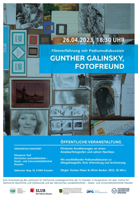 Veranstaltungspalakt zur Filmvorführung mit Podiumsdiskussion "Gunther Galinsky. Fotofreund"