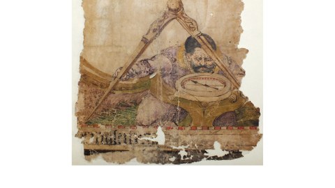 Weißes Buchcover mit Abbildung von Pergament darauf ein Mann der mit Vermessungsinstrumenten arbeitet