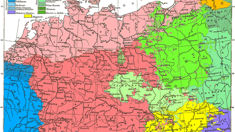 Eine Europakarte zeigt die räumliche Verteilung der gesprochenen Sprachen und deutschsprachiger Minderheiten