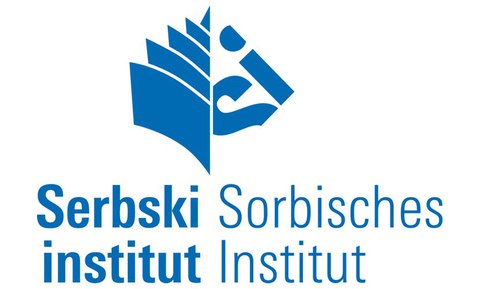 Blau-weißes Logo des Sorbischen Instituts mit Schriftzug in Deutsch und Sorbisch