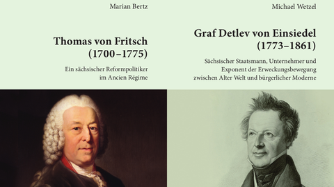 Die beiden Buchcover aus der Hauptschriftenreihe des ISGV Band 70 und 71 mit den Porträts von Thomas von Fritsch und Graf Detlev von Einsiedel