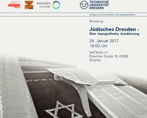 Das Bild zeigt einen Ausschnitt aus einem Flyer zu einer Einladung zur Veranstaltung "Jüdisches Dresden - Eine topografische Annäherung" aus dem Jahr 2017.