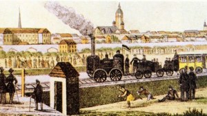 Die Grafik zeigt einen farbigen Druck von C. D. Löscher. Darauf ist die erste Fahrt der Leipzig-Dresdner Eisenbahn 1838 dargestellt.