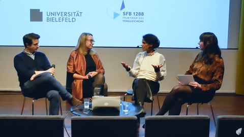 Benedikt Fahrnschon, Prof. Dr. Antje Flüchter, Tanja-Bianca Schmidt und Dr. Marina Böddeker speaking on podium about racism-critical curating.