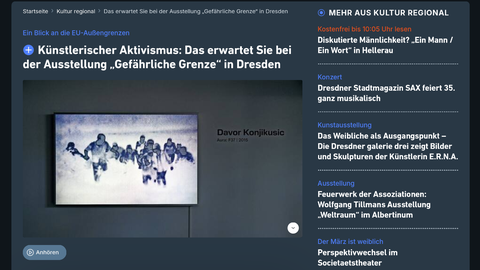 Screenshot of website of Dresdner Neue Nachrichten. Article "Künstlerischer Aktivismus: Das erwartet Sie bei der Ausstellung "Gefährliche Grenze" in Dresden""