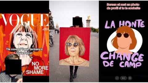 Drei Social Media Posts nebeneinander. Links: Pelicot als Aquarell auf der Vogue, davor eine zensierte Person. Mitte: eine zenrśierte Person mit einem Poster mit Pelicot darauf. Rechts: eine vereinfachte Zeichnung Pelicots. 