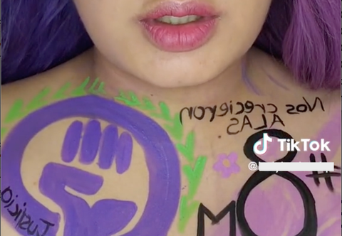 Ausschnitt eines TikTok-Videos mit einer Person, die lila Haare hat und auf der Brust ein lila erhobene-Faust-Symbol sowie handgeschriebene Texte trägt.
