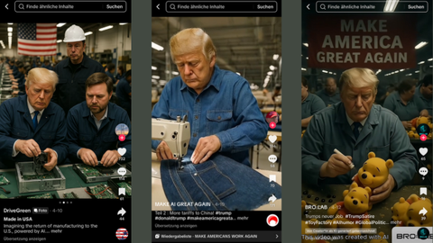 3 Screenshots von Tiktok. Auf allen: Präsident Trump im Blaumann bei Fabriktätigkeiten (Elekorowerk, Jeans nähen, Stofftiere herstellen).