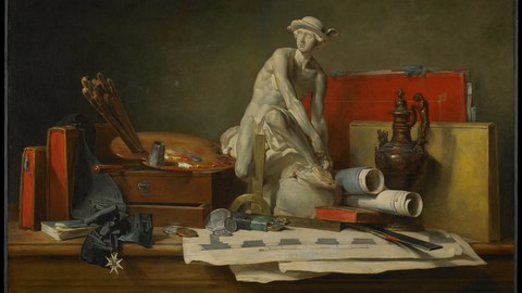 Still life painting showing a classical statue of a seated figure surrounded by artist tools, rolled papers, books, and decorative objects on a wooden table