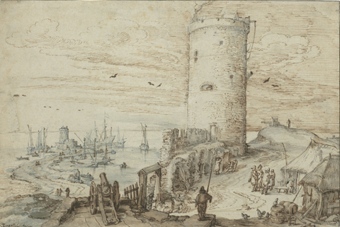 Jan Brueghel d. Ä., Hafenszene mit Turm und Geschütz, 2. Hälfte 16./1. Hälfte 17. Jahrhundert, Feder in Braun, Pinsel in Braun, Blau und Grau, 210 x 316 mm, Staatliche Kunstsammlungen Dresden, Kupferstich-Kabinett