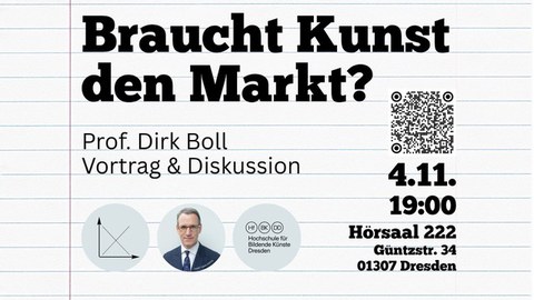 Vorlesungsankündigung: Prof. Dirk Boll: Braucht Kunst den Markt? | 04.11.2025, 19:00Uhr | Hörsaal 222 der HfBK Dresden, Güntzstraße 34, 2. OG, 01307 Dresden