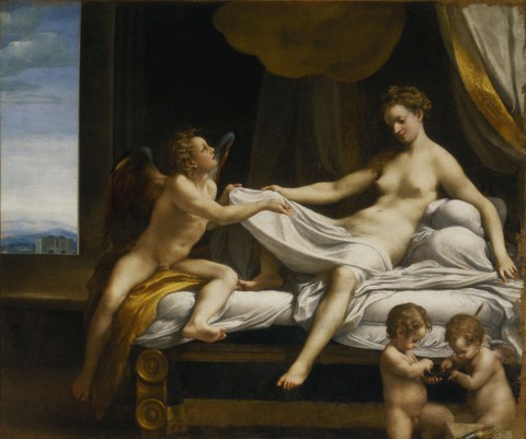 Gemälde von Correggio mit der Darstellung der liegenden Danaë unter dem goldenen Regen (Zeus)