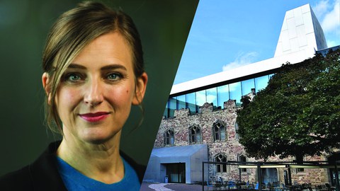 Eine Collage, bestehend aus dem Porträt von Kerstin Schankweiler und der Darstellung des Kunstmuseums des Landes Sachsen-Anhalt