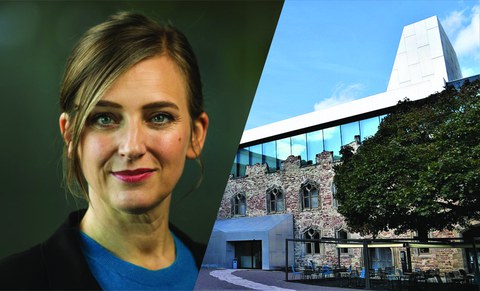 Eine Collage, bestehend aus dem Porträt von Kerstin Schankweiler und der Darstellung des Kunstmuseums des Landes Sachsen-Anhalt