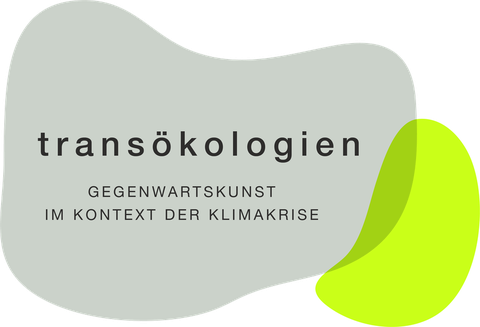 Poster des Projekts mit dem Text "Transökologien im Kontext der Gegenwartskunst" und zwei ineinandergreifenden grünen und grauen Flächen