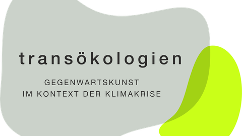 A poster for the project featuring the text “Transecologies in the Context of Contemporary Art” and two interlocking green and gray shapes