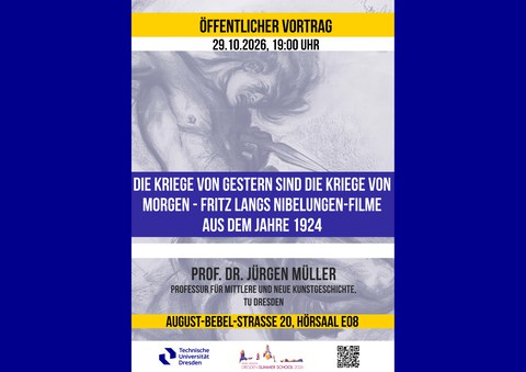 Plakat für den Vortrag mit Titel, Datum, Uhrzeit, Ort und Vortragendem und der Darstellung von Sigfried