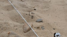 Bild von einem Experiment mit gespannten Fäden im Sand