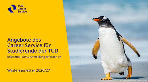 Grafik für die Semesterangebote des Career Service mit inkludiertem Text und Fotografie eines Pinguins