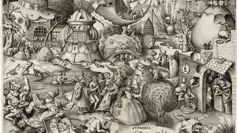 Schwarz-weißer Holzschnitt von Pieter van der Heyden nach Pieter Bruegel d. Ä. mit einer allegorischen Darstellung des Hochmuts, die verschiedene menschliche Figuren, Tiere und phantasievolle Gebäude in einer komplexen Szene zeigt.
