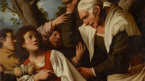 A painting by Pietro della Vecchia depicts an angry woman about to hit three boys with a boot.