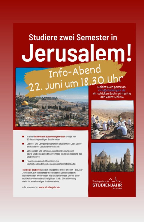 Plakat zum Info-Abend für ein Studienjahr in Jerusalem