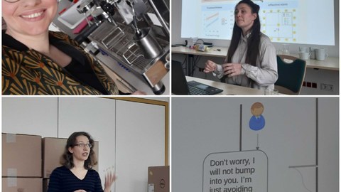 Das Bild besteht aus vier Bildern. Oben links: eine Frau vor einer Kaffeemaschine; oben rechts: eine Frau vor einer Beamer Projektion; unten links: eine Frau vor Kartons; unten rechts: ein Robotersymbol 