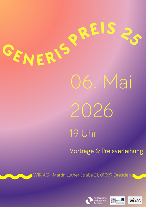 Auf diesem Poster wird zur Verleihung des Generispreis 2025 eingeladen. Sie findet statt am 24.06.2025 im riesa efau, Wachsbleichstr. 4 in 01067 Dresden. 18 Uhr: Führung durch die aktuelle Ausstellung. Ab 19.00: Preisverleihung 